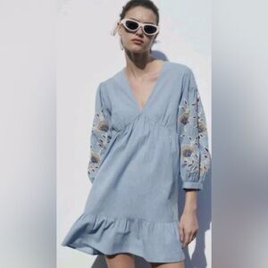 Zara Linen Dress with Embroidered Flowers